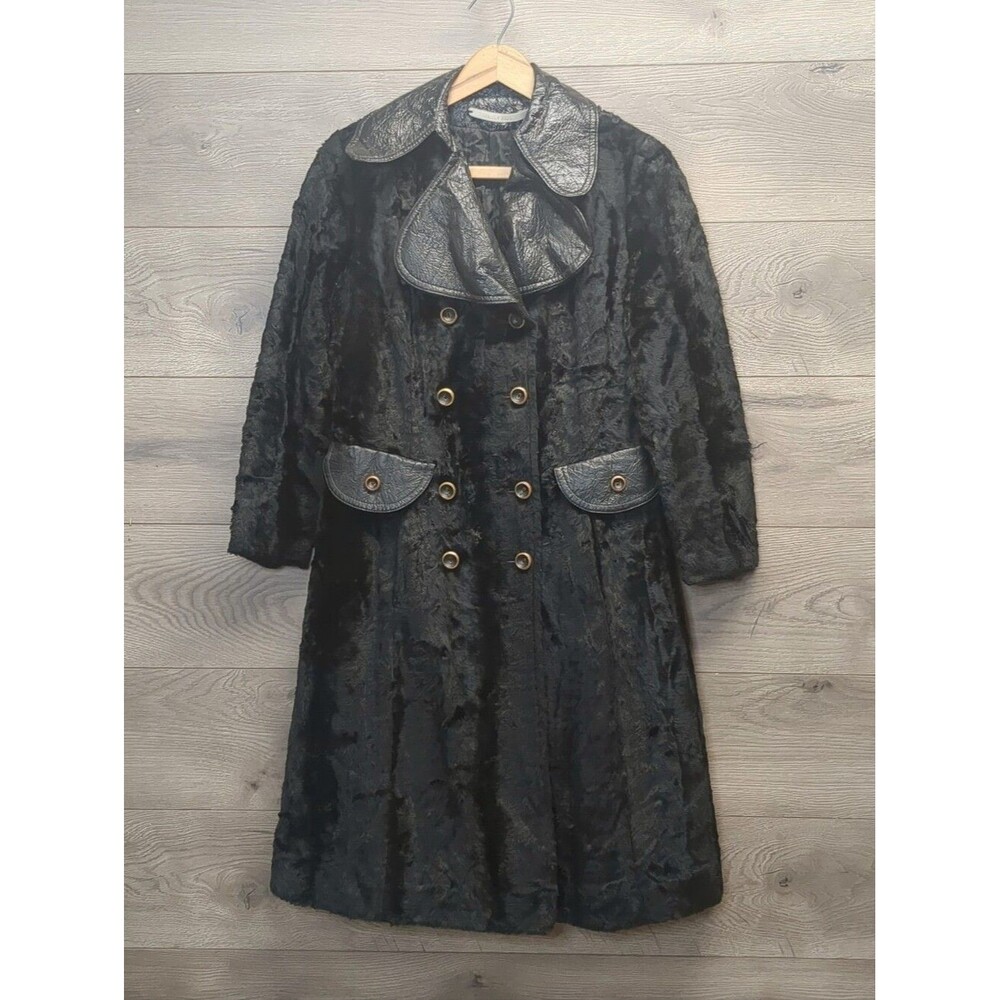 Vintage Black Faux Fur Coat Gothic Double Breasted American Bazaar 80s Women's S